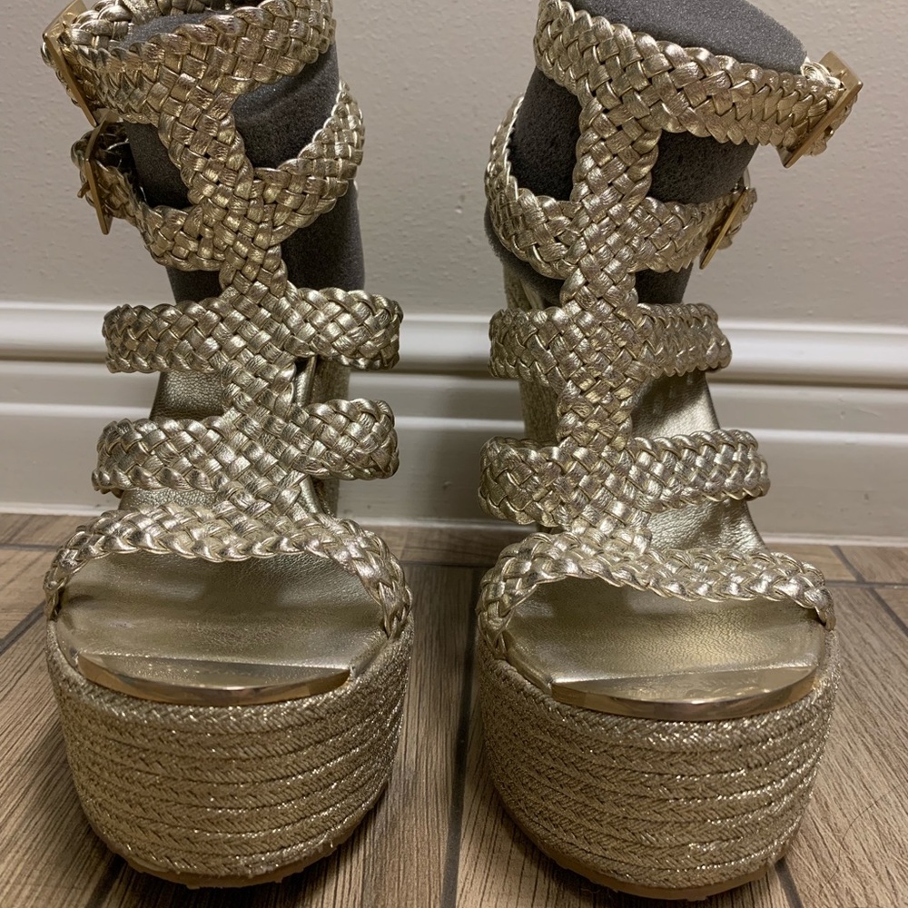 Jimmy Choo Parody Braided Leather Gold Wedge